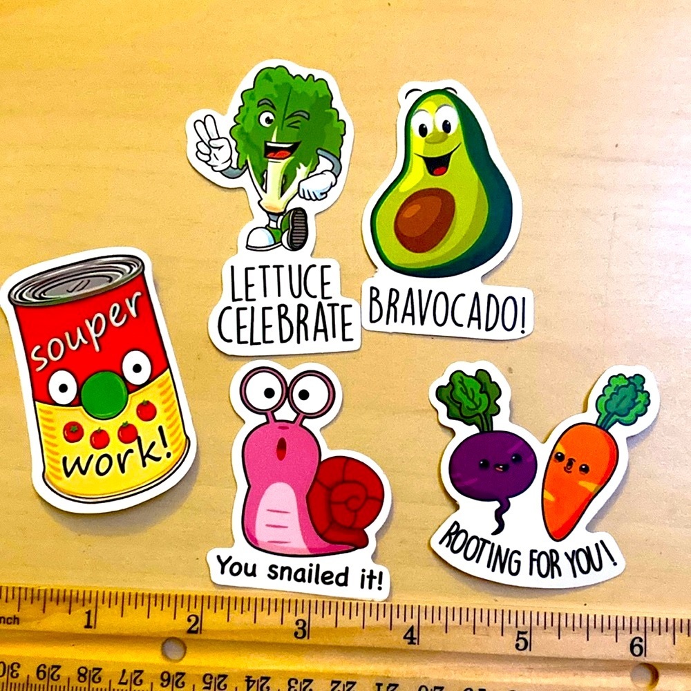 10/$10 or $1 BUNDLE: 5 Pun Fun Stickers: Veggies & a snail! 🐌 🥑 🥬 WATERPROOF!